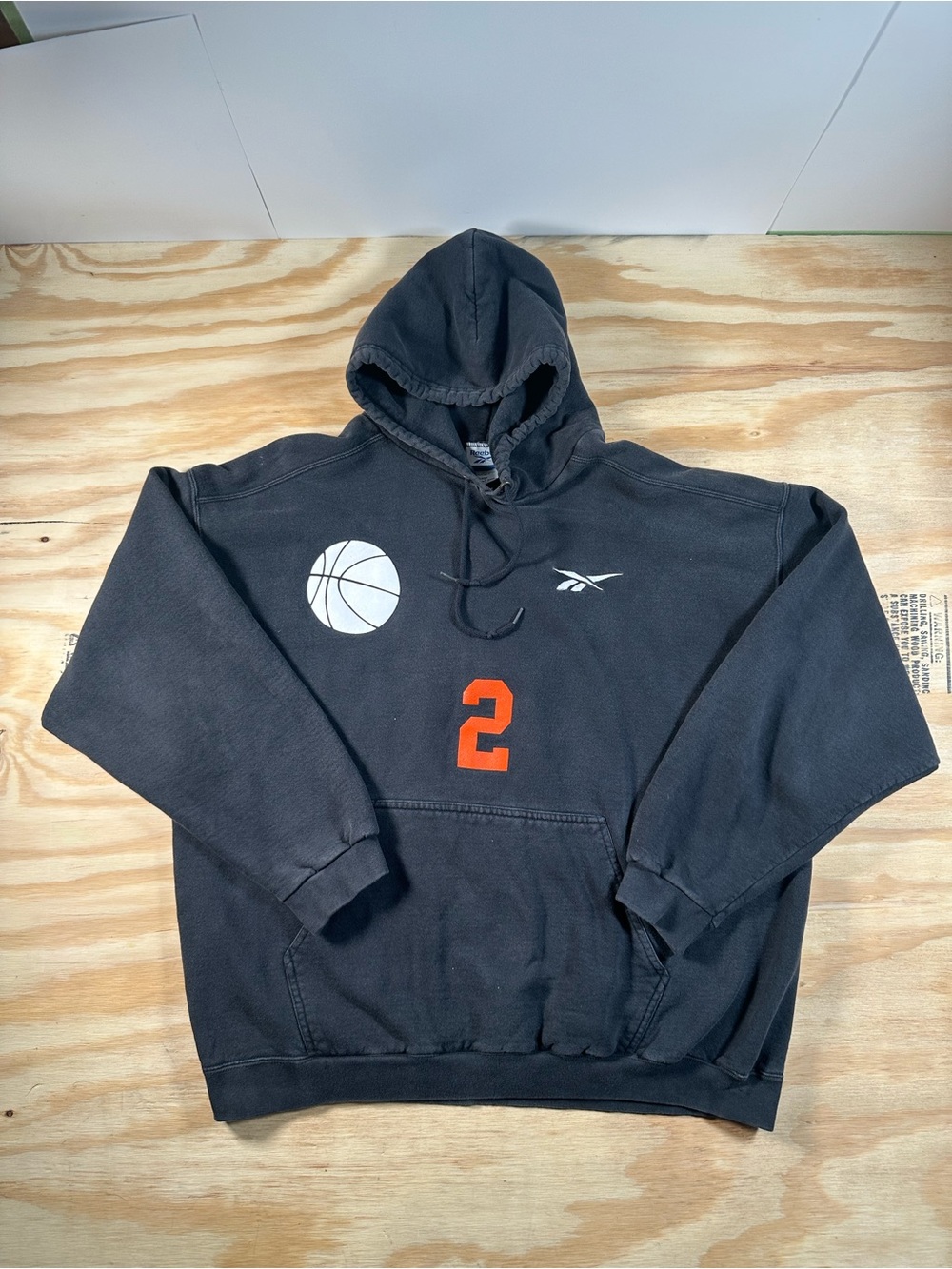 Vintage 90s Reebok Men's Black Basketball Hoodie with Orange Number 2